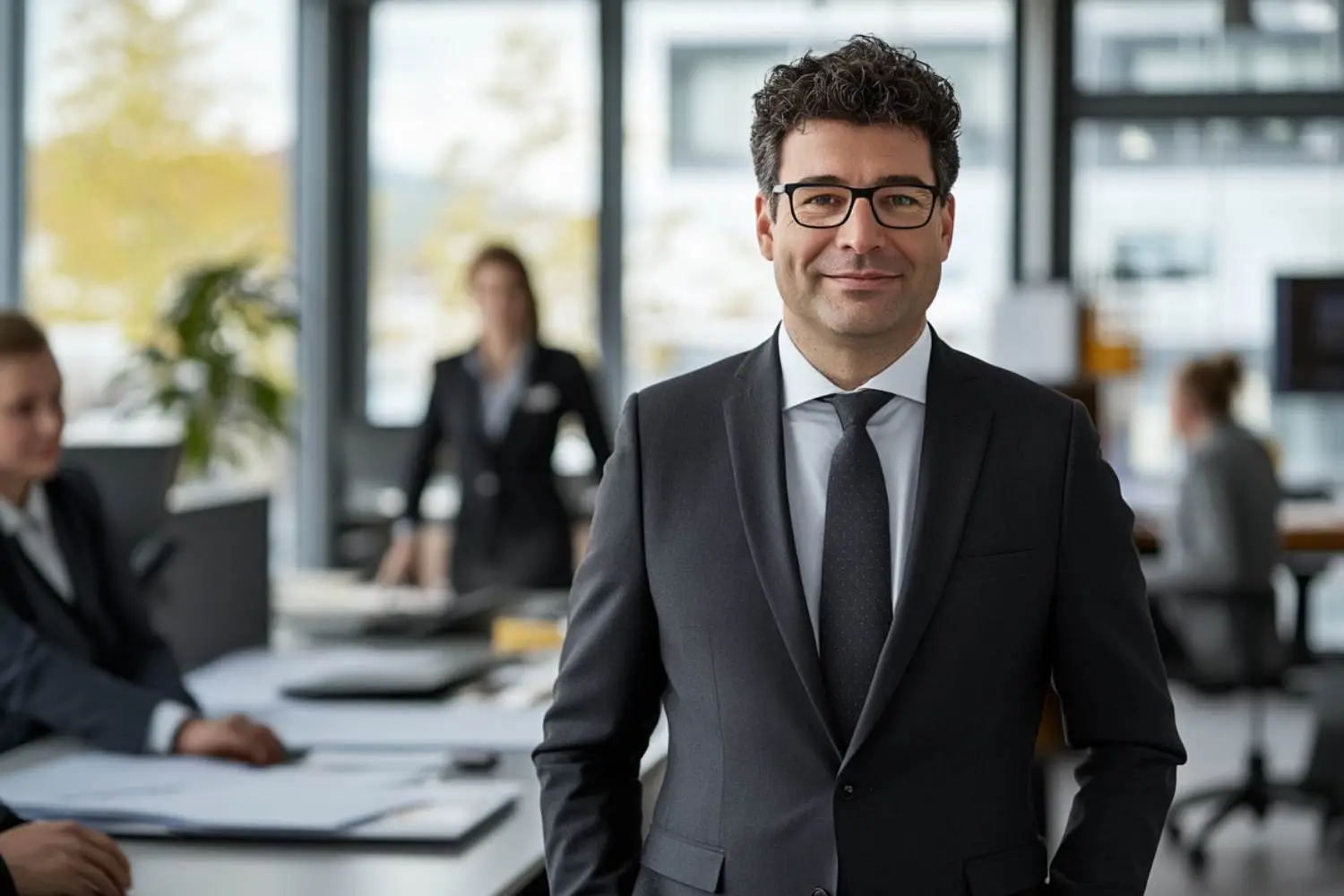 Fotorealistische Szene in einem hellen, modernen Schweizer Büro, in der ein Versicherungsexperte einem Kunden bei der digitalen Ausfüllung der Steuererklärung unterstützt, umgeben von moderner Technik und klar strukturierten Arbeitsplätzen.