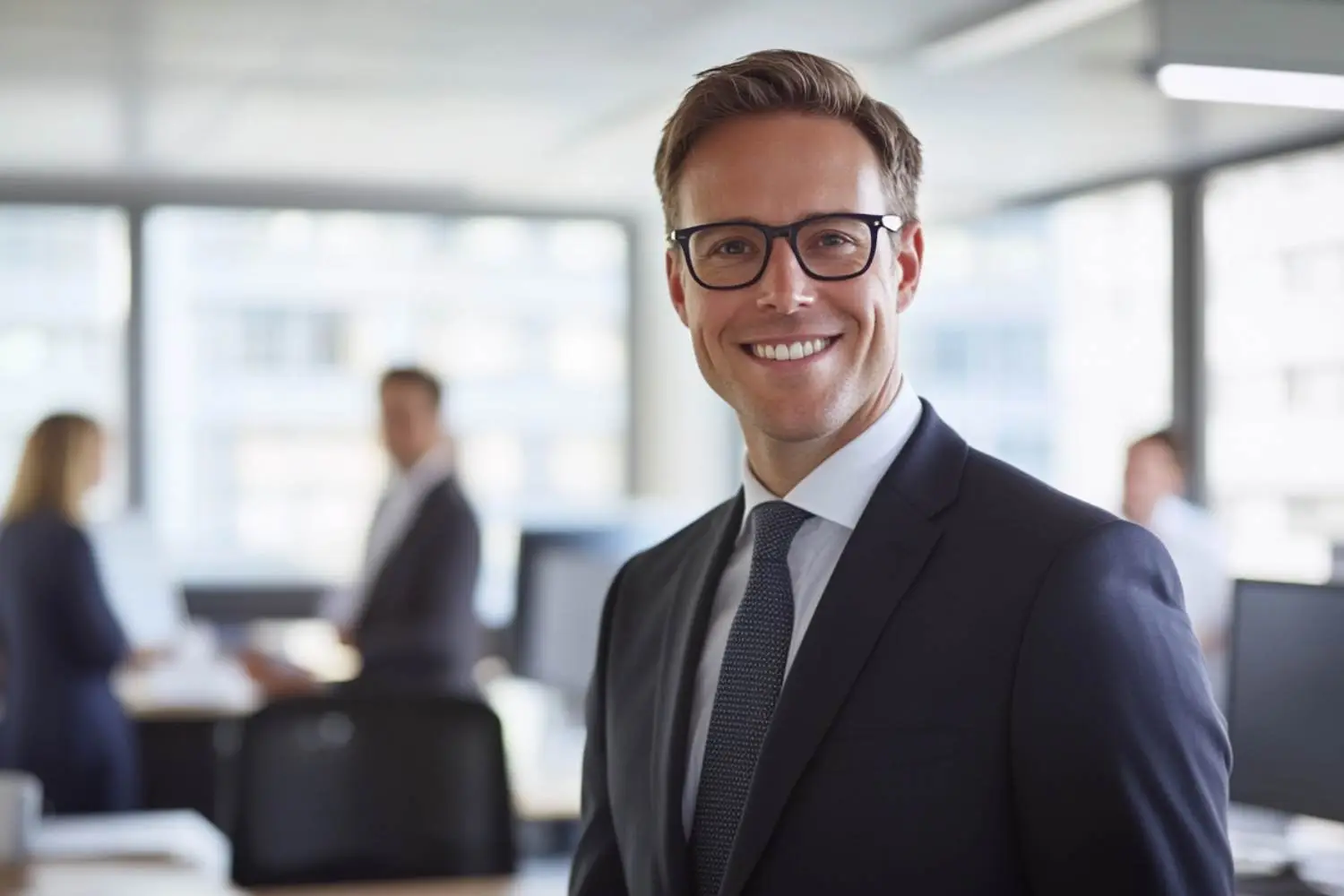 Fotorealistische Aufnahme eines Versicherungsexperten, der in einem hellen, modernen Büro einem Kunden beim Ausfüllen der Steuererklärung zur Seite steht, mit Fokus auf seriöse und kompetente Beratung.