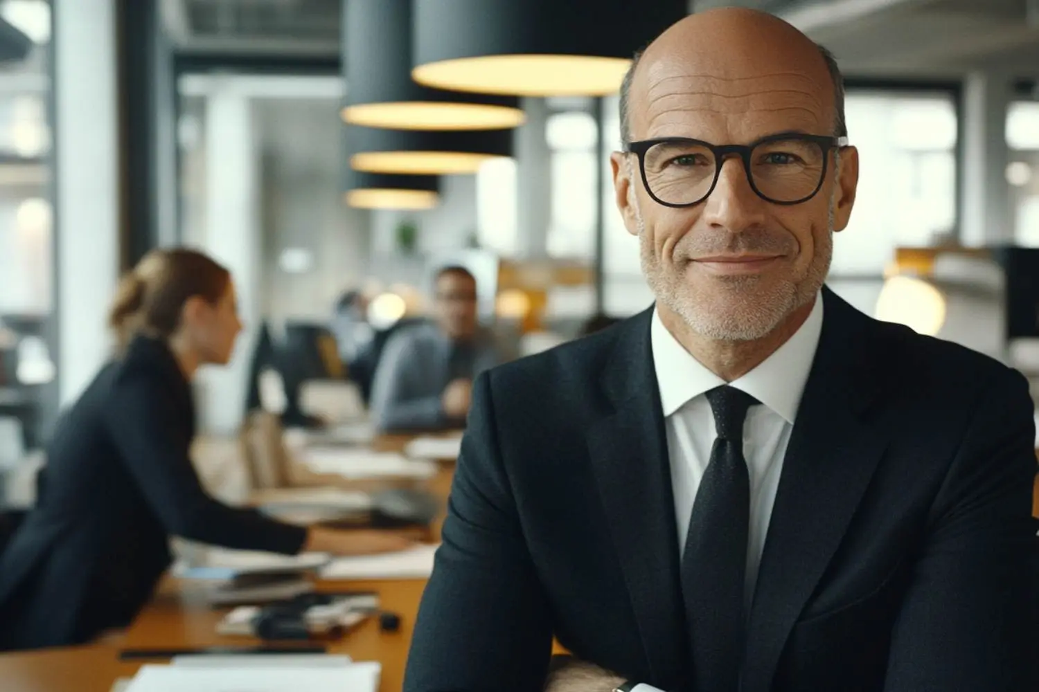 Fotorealistische Aufnahme eines Versicherungsberaters in einem modernen Büro, der einem Kunden den Ablauf beim Ausfüllen der Steuererklärung erläutert, unterstützt durch Laptop und Dokumente.