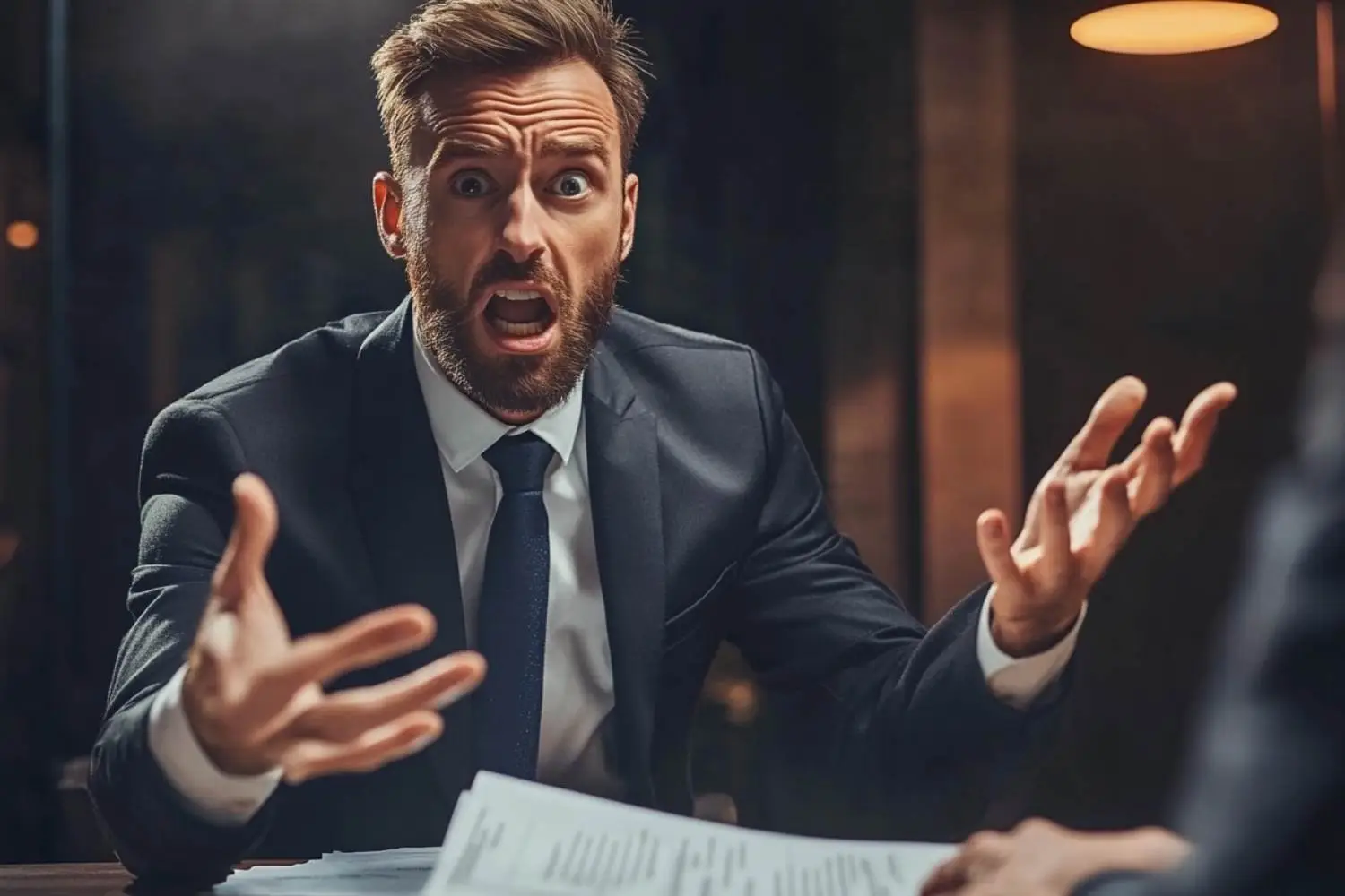 Fotorealistische Darstellung eines besorgten Unternehmers, der in einem modernen Büro mit seinem Steuerberater über fehlerhafte Steuerdokumente spricht und Lösungen diskutiert.