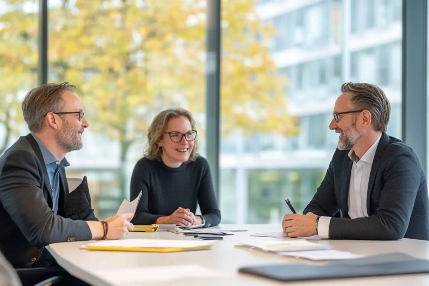 Fotorealistische Aufnahme eines Teams von Geschäftsleuten und Steuerexperten in einem modernen Konferenzraum, die Strategien zur Optimierung der Steuererklärung erarbeiten.